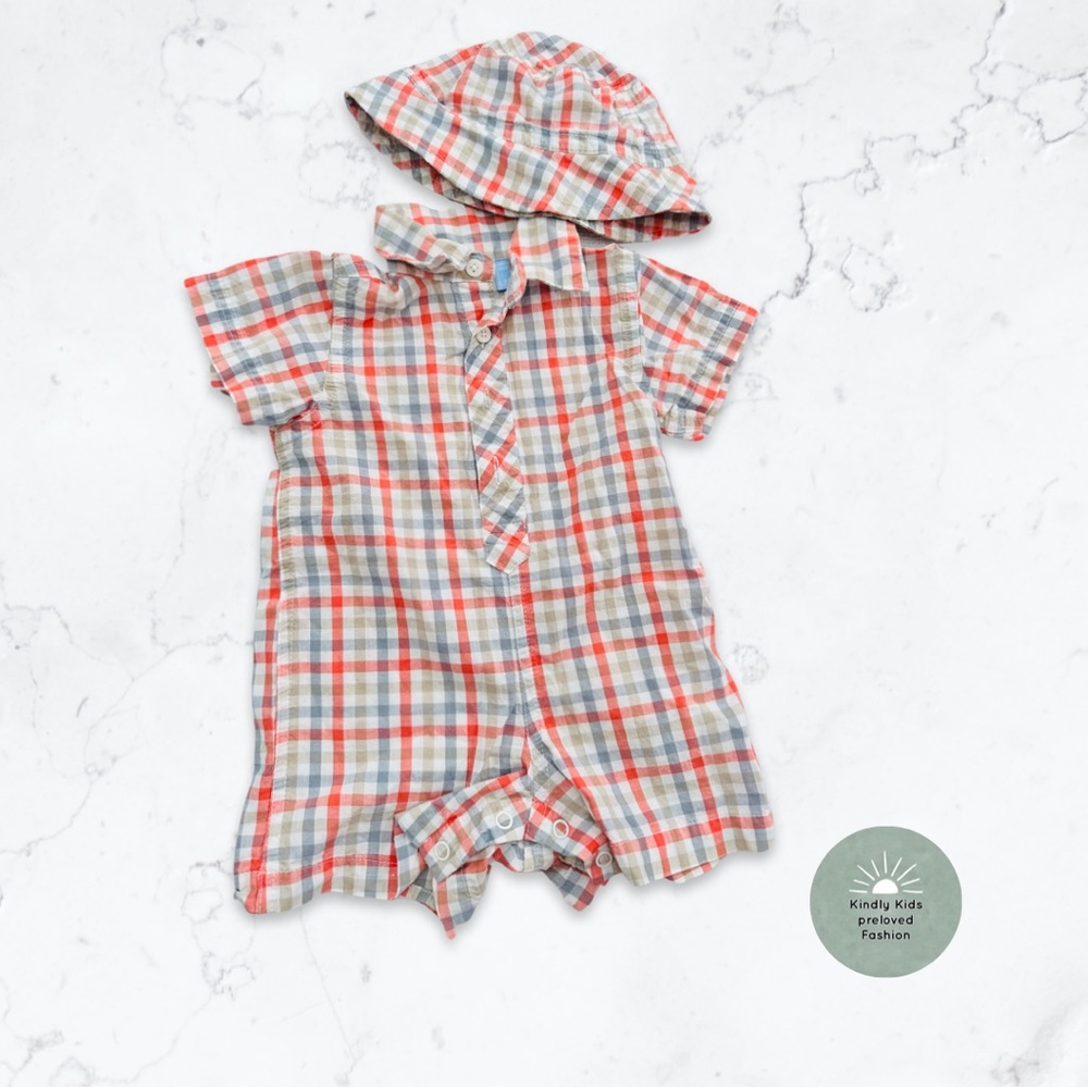 Place | size 0-3m EUC Checkered button down romper with matching sun hat.